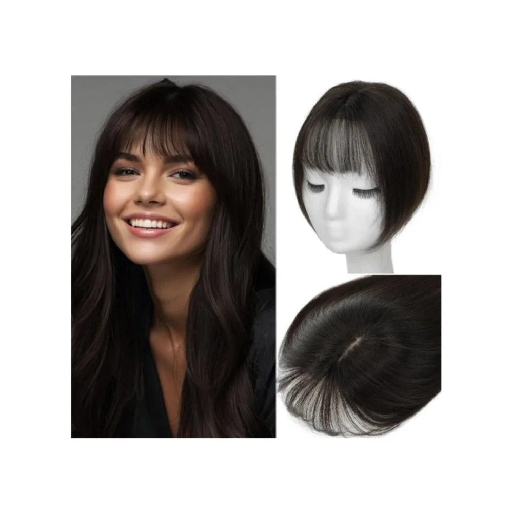 Brunette Human Hair Topper with Bangs‎ Bionic Base, Clip In - 12